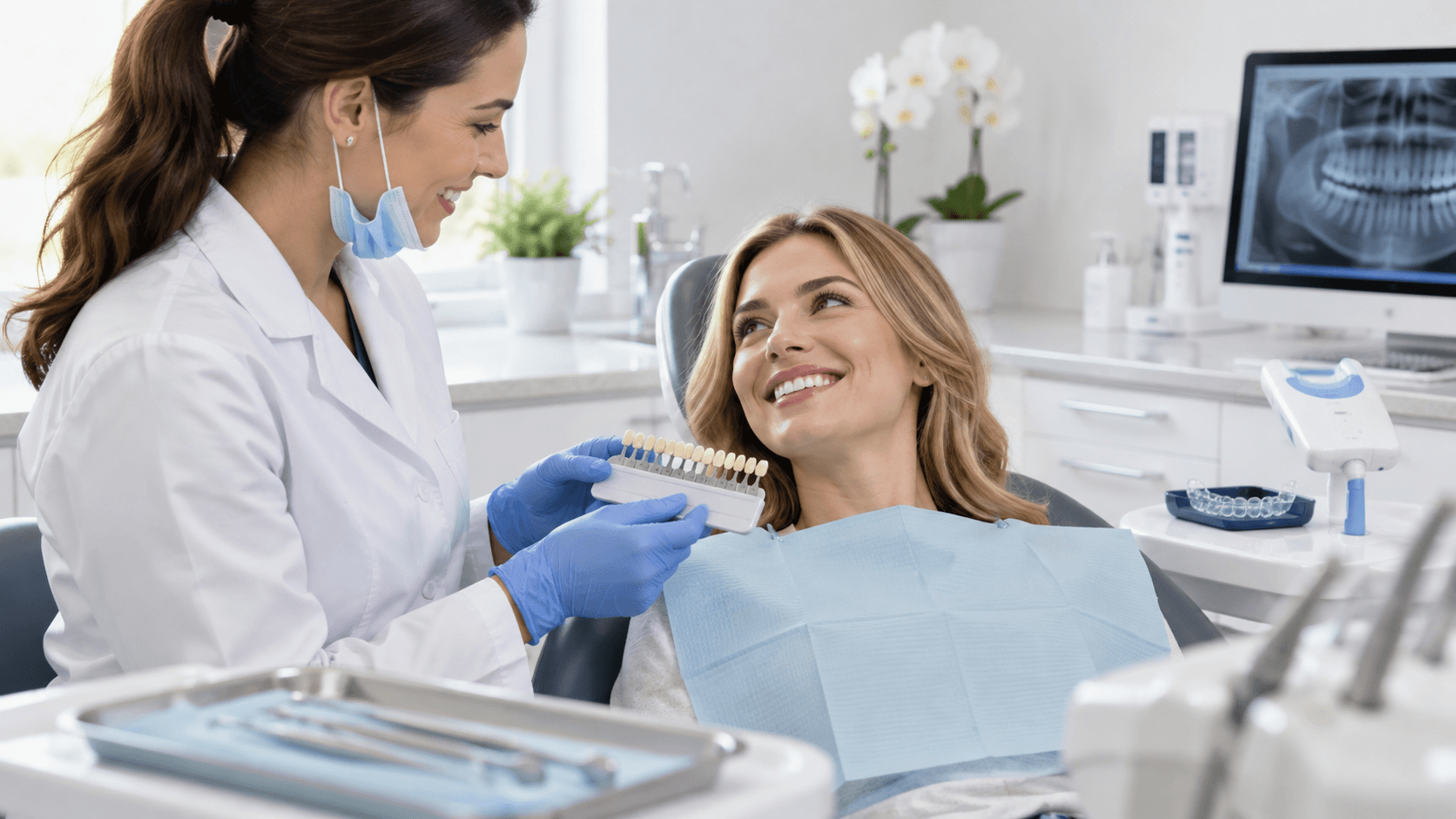 Dental professional discussing tooth shade and patient care with a smiling patient