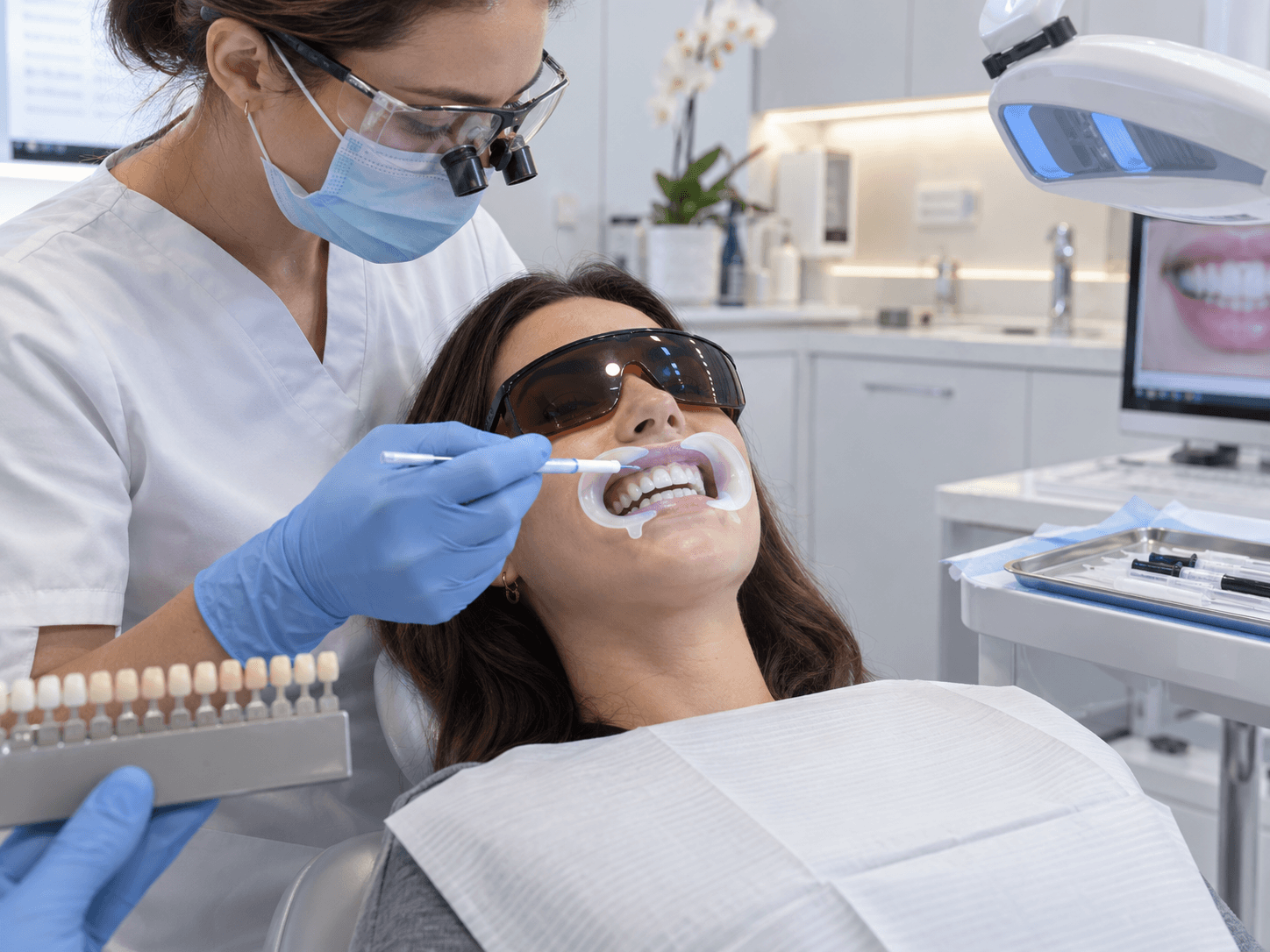 Dental professional explaining a smile treatment with a tooth model