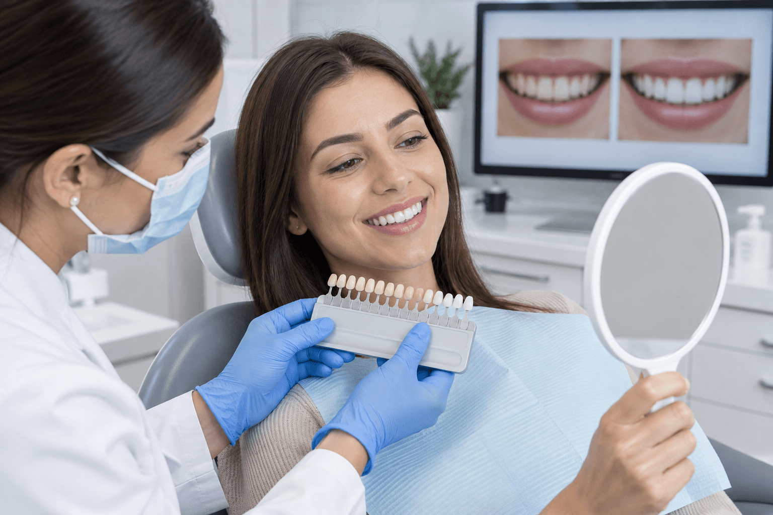Teeth whitening shade comparison shown during a dental consultation